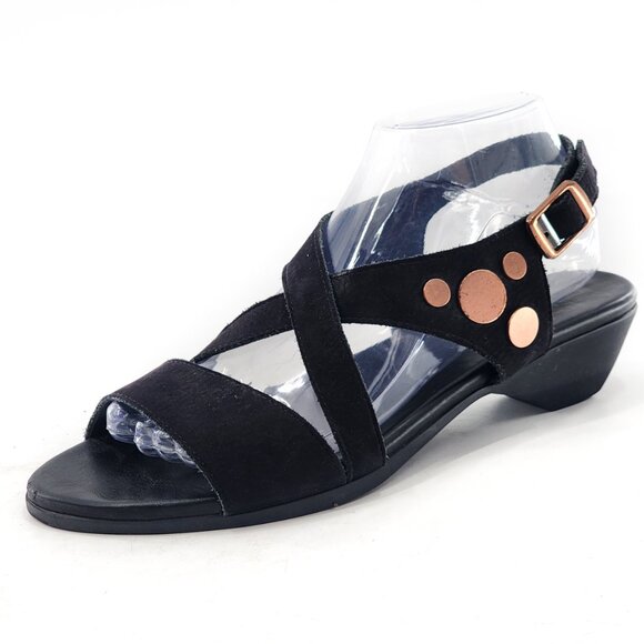 ARCHE Obos Nubuck Rose Gold Studs Criss Cross Slingback Sandals Black - Picture 1 of 7